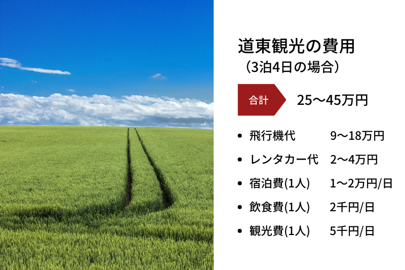 ① 飛行機代 東京からの往復航空券は、大人1人あたり約3万円～6万円程度（子供は半額程度）で、家族3人の航空券は約9万円～18万円となります。  ② レンタカー代（道東地方で4日間レンタカーを利用） 費用は約2万円～4万円程度となります。知床第一ホテルのように、宿泊者へのレンタカー割引を提供する施設を使うとお得に借りられます。  ③宿泊費（家族旅行で人気の温泉旅館・ホテル等） 一泊あたり大人1万円～2万円程度（子供は半額程度）となります。  ④食事費（宿泊先で朝食・夕食が提供される場合） 昼食＋軽食で、大人一人当たりの1日の食費は大体2千円（子供は半額程度）となります。  ⑤観光費用（入場料や体験料など） ツアーの利用などを考える場合、大人一人当たり大体5千円（子供は半額程度）〜となります。