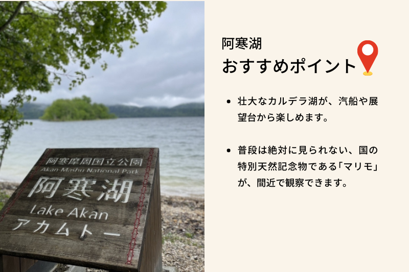 おすすめポイント、壮大なカルデラ湖が汽船や展望台から楽しめます。また普段は絶対に見られない国の特別天然記念物である｢マリモ｣が観察できます。