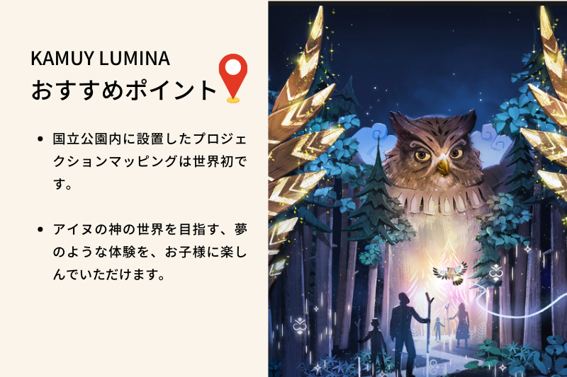 おすすめポイント、国立公園内に設置したプロジェクションマッピングで、アイヌの神の世界を目指す夢のような体験をお子様に楽しんでもらえます。